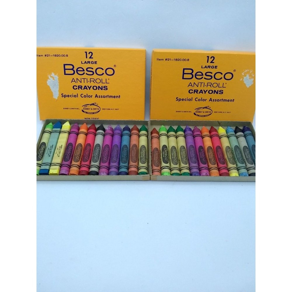 VTG New 2 Boxes Besco #21 Binney Smith anti-roll Large crayola type Crayons